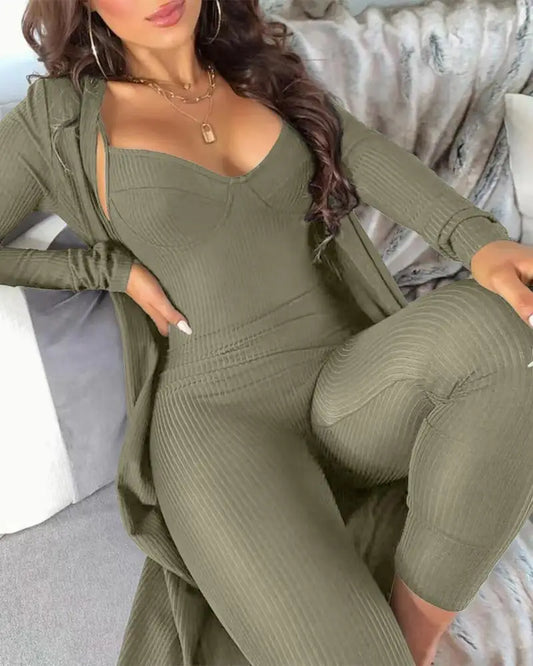 Elegant 2-Piece Matching Sets Solid Color Stripe V-Neck Camisole Jumpsuit Cardigan Set