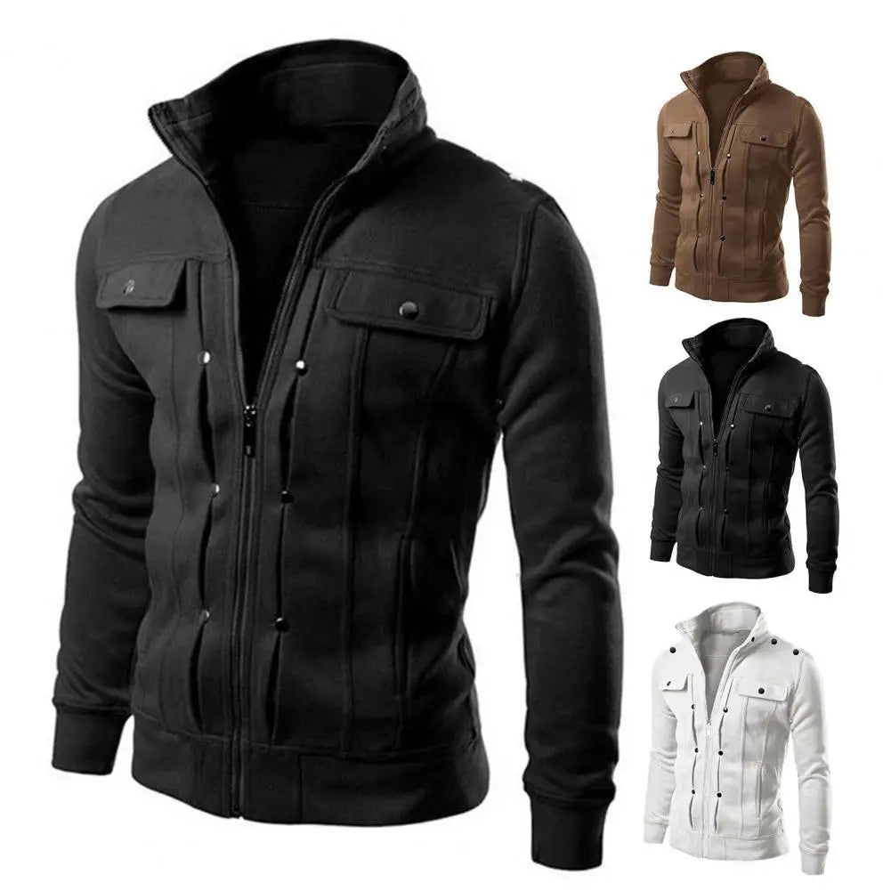 Outerwear Solid Color Stand Collar Jacket with Buttons Zipper Closure for Spring Autumn Long for Men